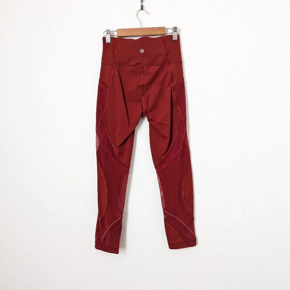 Lululemon dark sport red Run Smoothly mesh pocket nulux workout crop leggings